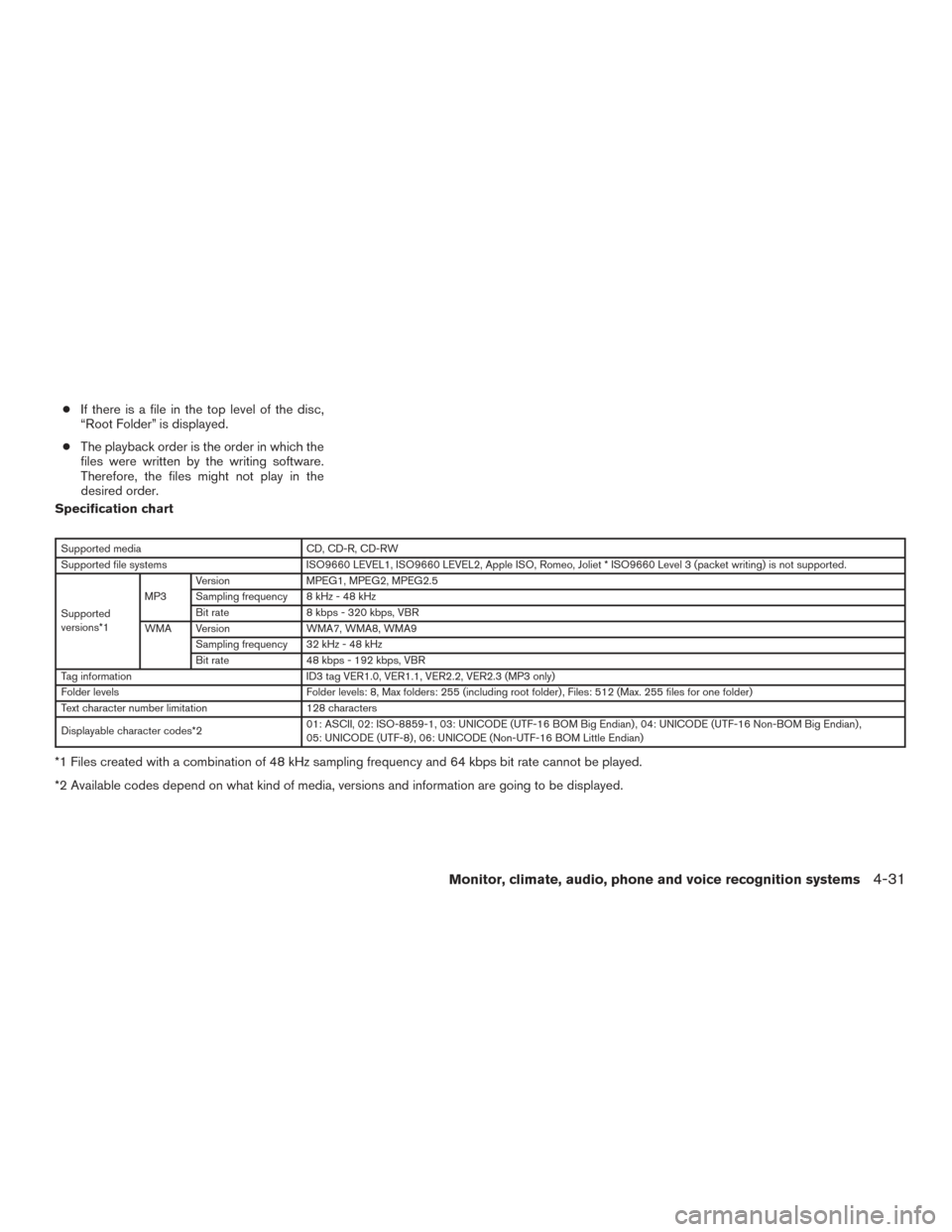 NISSAN ALTIMA 2017 L33 / 5.G Owners Manual ●If there is a file in the top level of the disc,
“Root Folder” is displayed.
● The playback order is the order in which the
files were written by the writing software.
Therefore, the files mi NISSAN ALTIMA 2017 L33 / 5.G Owners Manual ●If there is a file in the top level of the disc,
“Root Folder” is displayed.
● The playback order is the order in which the
files were written by the writing software.
Therefore, the files mi