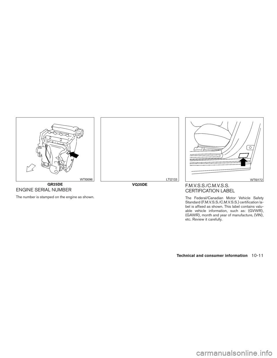 NISSAN ALTIMA 2017 L33 / 5.G Owners Manual ENGINE SERIAL NUMBER
The number is stamped on the engine as shown.
F.M.V.S.S./C.M.V.S.S.
CERTIFICATION LABEL
The Federal/Canadian Motor Vehicle Safety
Standard (F.M.V.S.S./C.M.V.S.S.) certification la