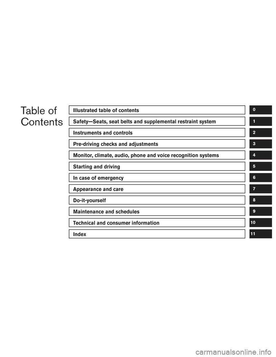 NISSAN ALTIMA 2017 L33 / 5.G Owners Manual Table of
ContentsIllustrated table of contents
Safety—Seats, seat belts and supplemental restraint system
Instruments and controls
Pre-driving checks and adjustments
Monitor, climate, audio, phone a NISSAN ALTIMA 2017 L33 / 5.G Owners Manual Table of
ContentsIllustrated table of contents
Safety—Seats, seat belts and supplemental restraint system
Instruments and controls
Pre-driving checks and adjustments
Monitor, climate, audio, phone a