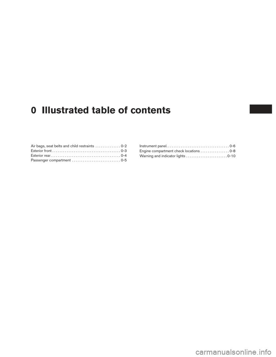 NISSAN ALTIMA 2017 L33 / 5.G Owners Manual 0 Illustrated table of contents
Air bags, seat belts and child restraints..............0-2
Exterior front ......................................0-3
Exterior rear ......................................