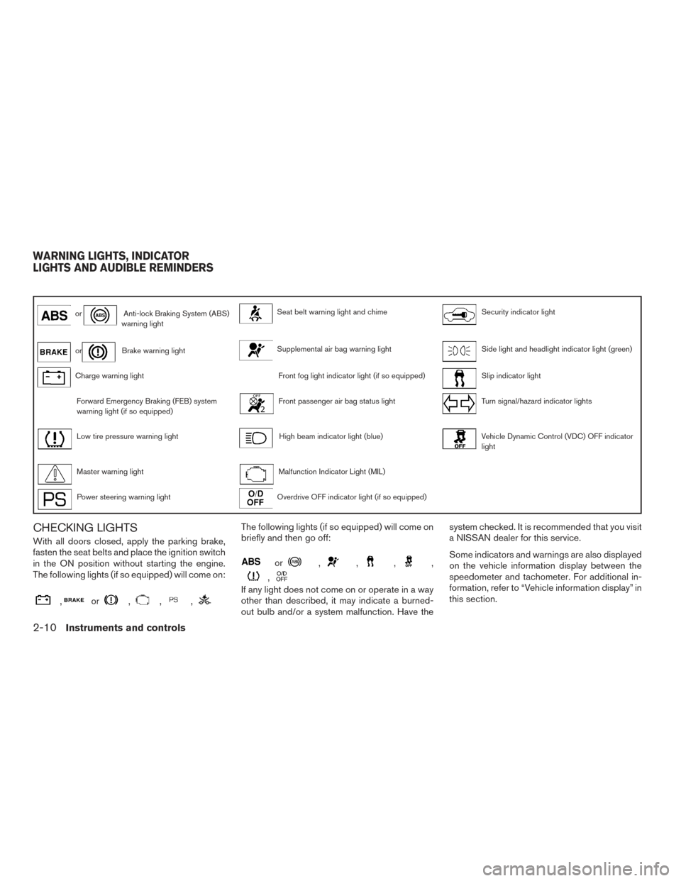 NISSAN ALTIMA 2017 L33 / 5.G Service Manual orAnti-lock Braking System (ABS)
warning lightSeat belt warning light and chimeSecurity indicator light
orBrake warning lightSupplemental air bag warning lightSide light and headlight indicator light 