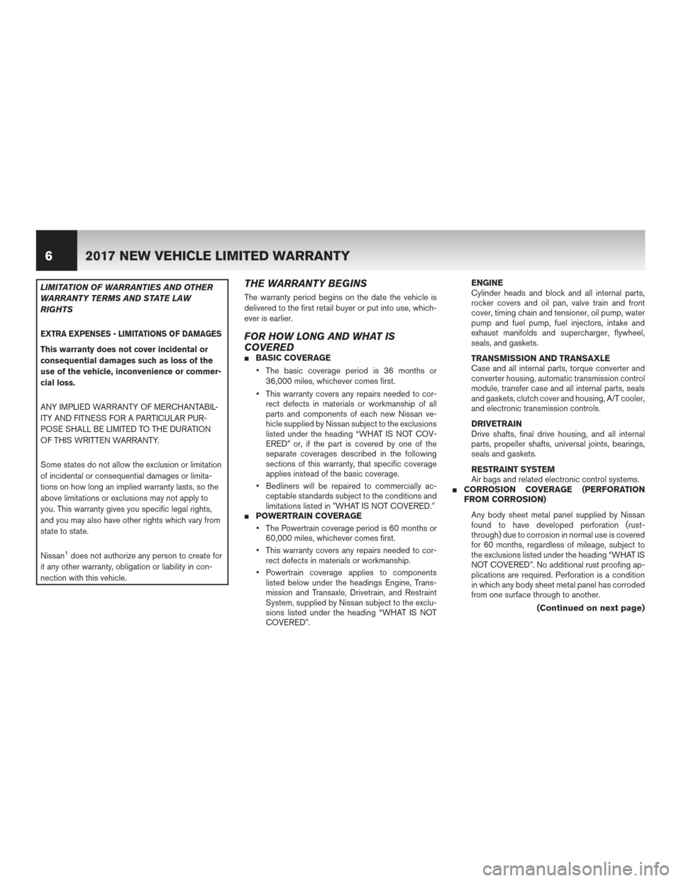 NISSAN VERSA 2017 2.G Warranty Booklet LIMITATION OF WARRANTIES AND OTHER
WARRANTY TERMS AND STATE LAW
RIGHTS
EXTRA EXPENSES - LIMITATIONS OF DAMAGES
This warranty does not cover incidental or
consequential damages such as loss of the
use NISSAN VERSA 2017 2.G Warranty Booklet LIMITATION OF WARRANTIES AND OTHER
WARRANTY TERMS AND STATE LAW
RIGHTS
EXTRA EXPENSES - LIMITATIONS OF DAMAGES
This warranty does not cover incidental or
consequential damages such as loss of the
use