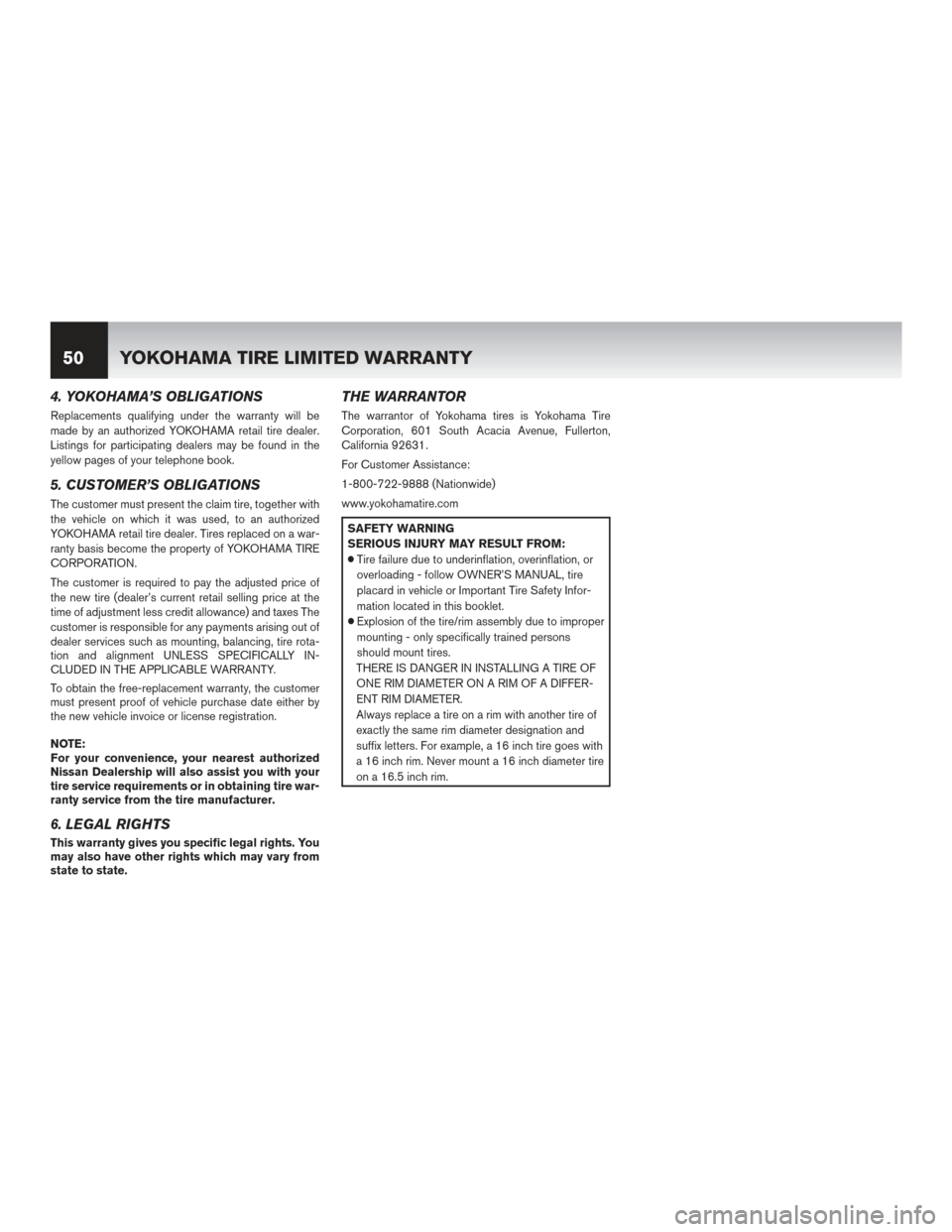 NISSAN 370Z ROADSTER 2017 Z34 Warranty Booklet 4. YOKOHAMA’S OBLIGATIONS
Replacements qualifying under the warranty will be
made by an authorized YOKOHAMA retail tire dealer.
Listings for participating dealers may be found in the
yellow pages of NISSAN 370Z ROADSTER 2017 Z34 Warranty Booklet 4. YOKOHAMA’S OBLIGATIONS
Replacements qualifying under the warranty will be
made by an authorized YOKOHAMA retail tire dealer.
Listings for participating dealers may be found in the
yellow pages of