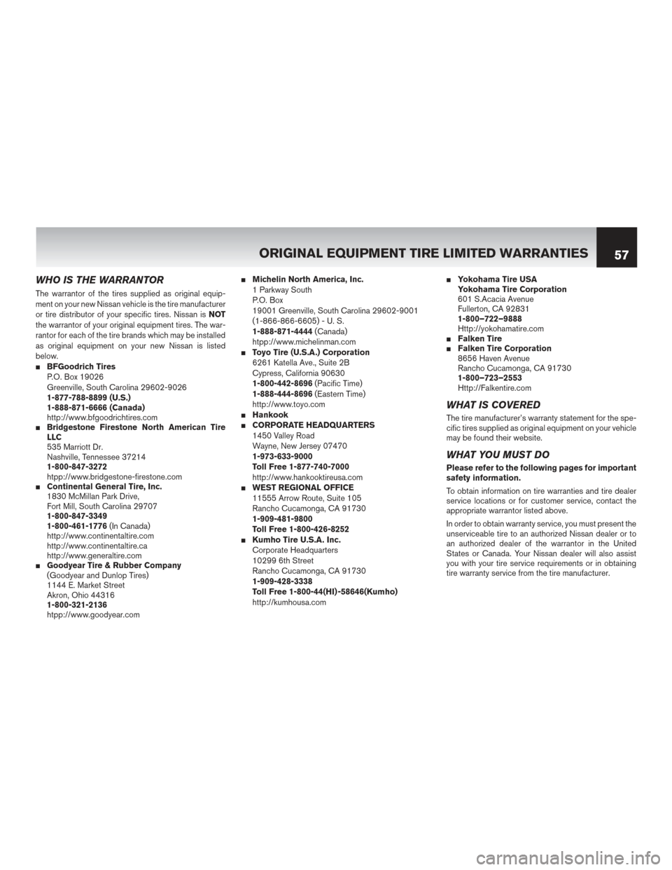 NISSAN 370Z ROADSTER 2017 Z34 Warranty Booklet WHO IS THE WARRANTOR
The warrantor of the tires supplied as original equip-
ment on your new Nissan vehicle is the tire manufacturer
or tire distributor of your specific tires. Nissan isNOT
the warran NISSAN 370Z ROADSTER 2017 Z34 Warranty Booklet WHO IS THE WARRANTOR
The warrantor of the tires supplied as original equip-
ment on your new Nissan vehicle is the tire manufacturer
or tire distributor of your specific tires. Nissan isNOT
the warran