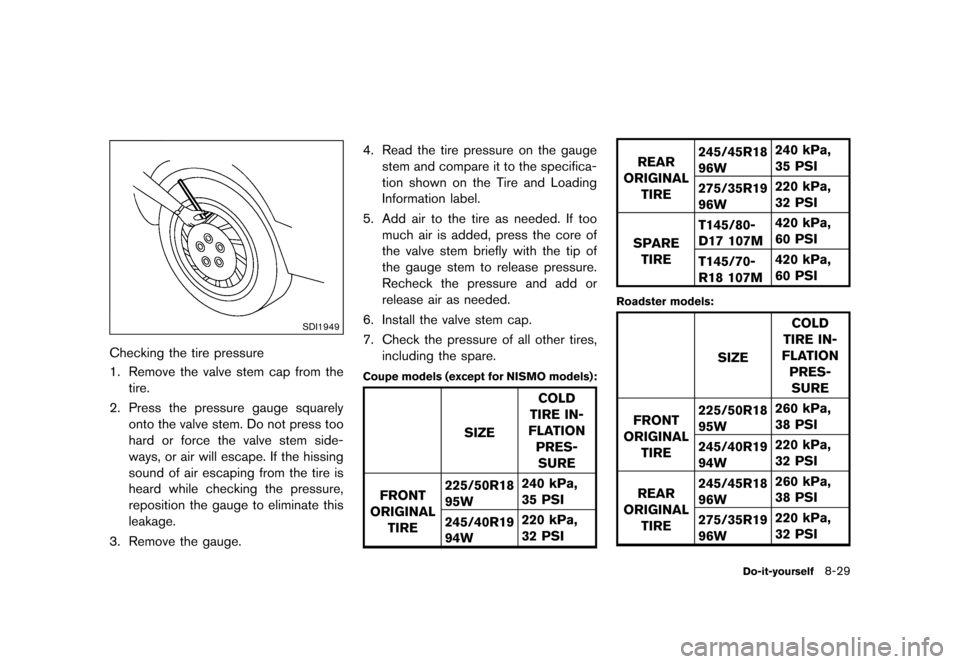 NISSAN 370Z COUPE 2017 Z34 Owners Manual �������
�> �(�G�L�W� ����� �� �� �0�R�G�H�O� �����0�< �1�,�6�6�$�1 ����=��=��� �2�0���(���=���8� �@
SDI1949
Checking the tire pressureGUID-F869270E-E76B-4E6D-B383-8