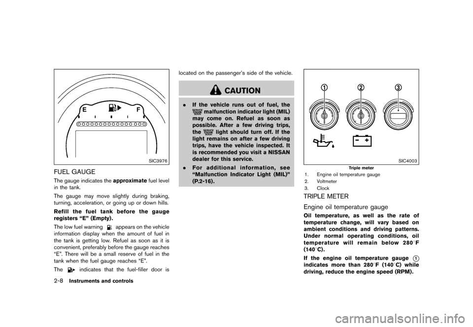 NISSAN 370Z ROADSTER 2017 Z34 Manual PDF ������
�> �(�G�L�W� ����� �� �� �0�R�G�H�O� �����0�< �1�,�6�6�$�1 ����=��=��� �2�0���(���=���8� �@
2-8Instruments and controls
SIC3976
FUEL GAUGEGUID-913F58A4-7C94-4