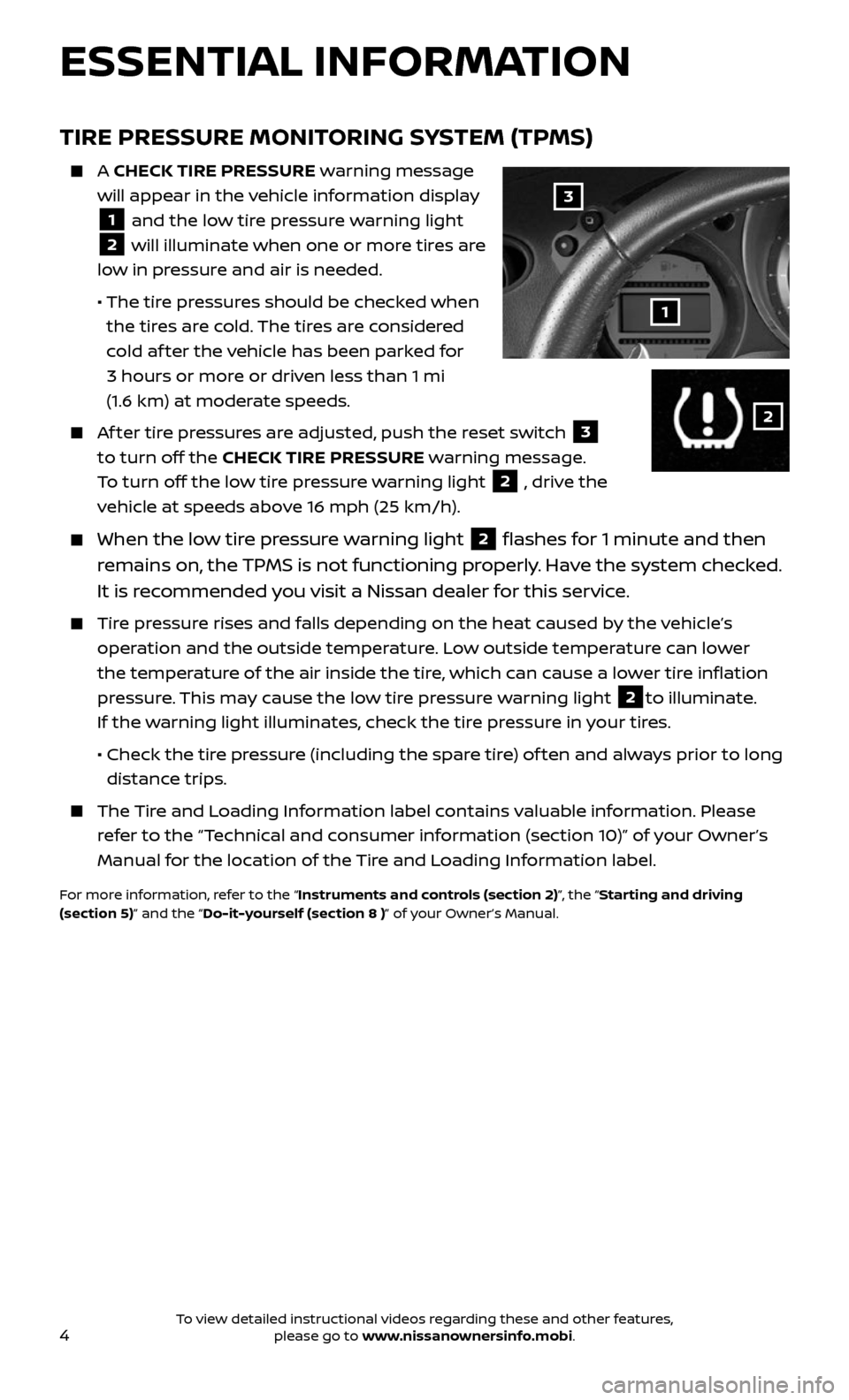 NISSAN 370Z ROADSTER 2017 Z34 Quick Reference Guide 4
TIRE PRESSURE MONITORING SYSTEM (TPMS)
A CHECK TIRE PRESSURE warning message
will appear in the vehicle information display
1 and the low tire pressure warning light
2 will illuminate when on NISSAN 370Z ROADSTER 2017 Z34 Quick Reference Guide 4
TIRE PRESSURE MONITORING SYSTEM (TPMS)
A CHECK TIRE PRESSURE warning message
will appear in the vehicle information display
1 and the low tire pressure warning light
2 will illuminate when on