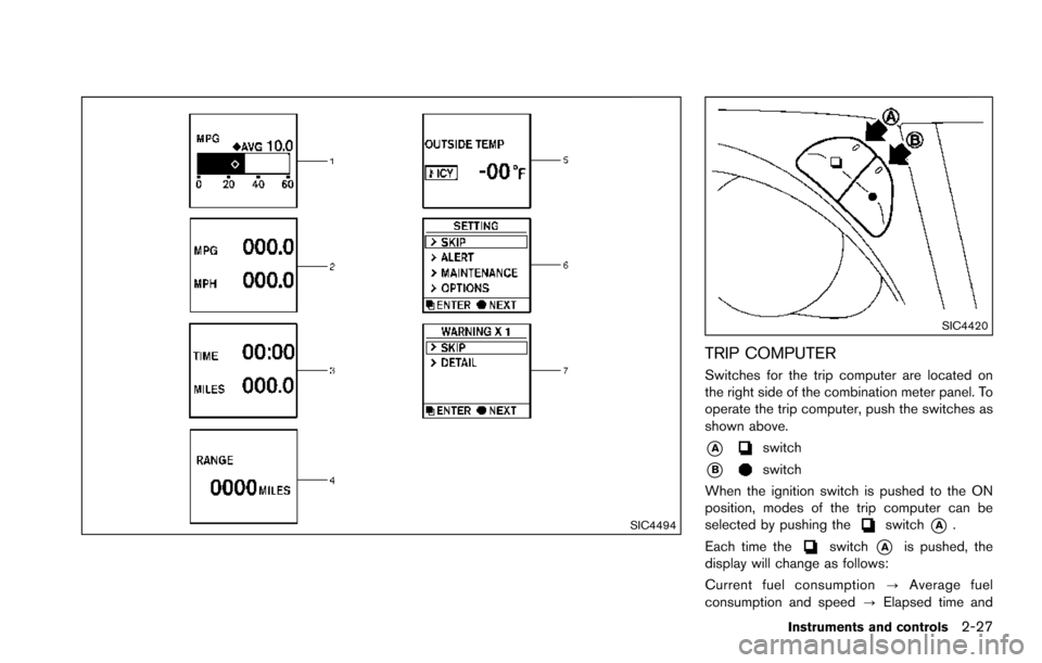 NISSAN ARMADA 2017 2.G Owners Manual SIC4494
SIC4420
TRIP COMPUTER
Switches for the trip computer are located on
the right side of the combination meter panel. To
operate the trip computer, push the switches as
shown above.
*Aswitch
*Bsw NISSAN ARMADA 2017 2.G Owners Manual SIC4494
SIC4420
TRIP COMPUTER
Switches for the trip computer are located on
the right side of the combination meter panel. To
operate the trip computer, push the switches as
shown above.
*Aswitch
*Bsw
