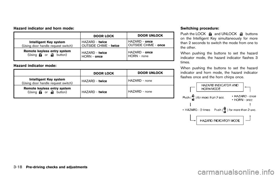 NISSAN ARMADA 2017 2.G Owners Manual 3-18Pre-driving checks and adjustments
Hazard indicator and horn mode:
DOOR LOCKDOOR UNLOCK
Intelligent Key system
(Using door handle request switch) HAZARD -
twice
OUTSIDE CHIME - twiceHAZARD -
once
