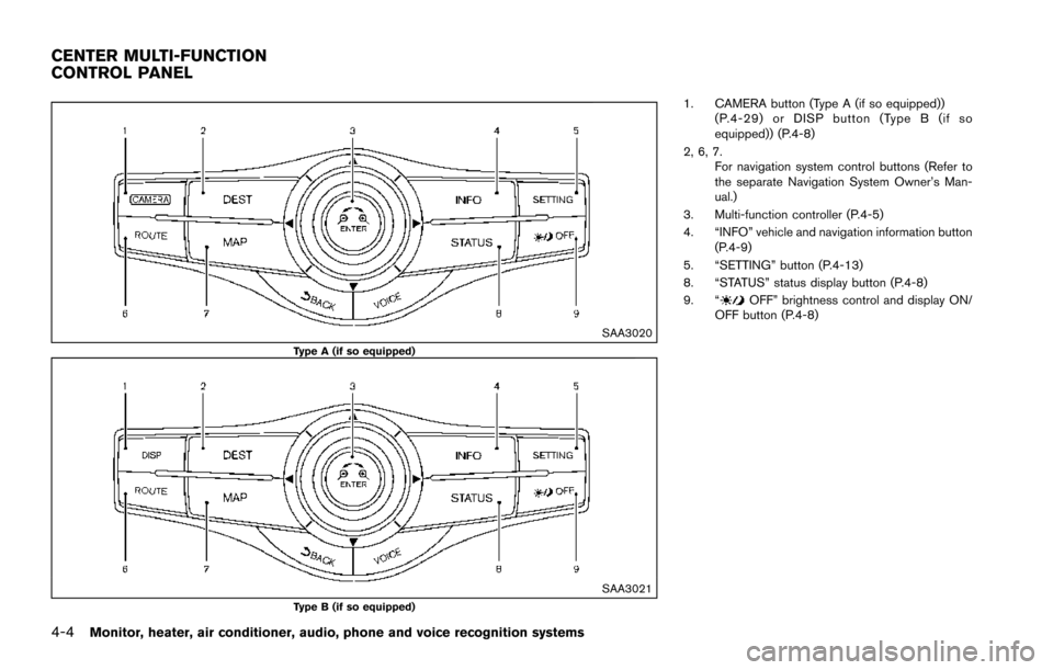 NISSAN ARMADA 2017 2.G Owners Manual 4-4Monitor, heater, air conditioner, audio, phone and voice recognition systems
SAA3020Type A (if so equipped)
SAA3021Type B (if so equipped)
1. CAMERA button (Type A (if so equipped))(P.4-29) or DISP