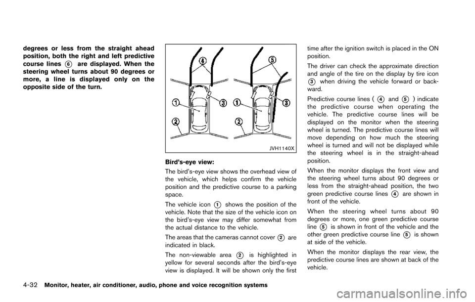NISSAN ARMADA 2017 2.G Owners Manual 4-32Monitor, heater, air conditioner, audio, phone and voice recognition systems
degrees or less from the straight ahead
position, both the right and left predictive
course lines
*6are displayed. When