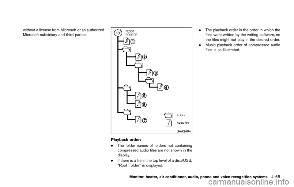 NISSAN ARMADA 2017 2.G Owners Manual without a license from Microsoft or an authorized
Microsoft subsidiary and third parties.
SAA2494
Playback order:
.The folder names of folders not containing
compressed audio files are not shown in th