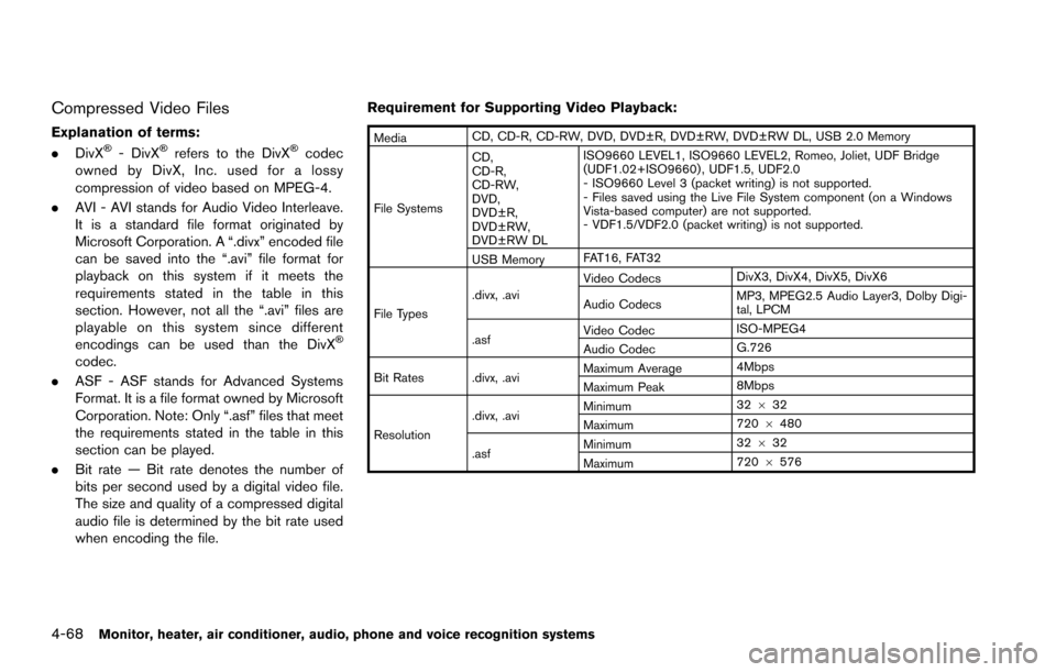 NISSAN ARMADA 2017 2.G Owners Manual 4-68Monitor, heater, air conditioner, audio, phone and voice recognition systems
Compressed Video Files
Explanation of terms:
.DivX�Š- DivX�Šrefers to the DivX�Šcodec
owned by DivX, Inc. used for a