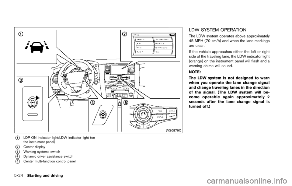 NISSAN ARMADA 2017 2.G Owners Manual 5-24Starting and driving
JVS0879X
*1LDP ON indicator light/LDW indicator light (on
the instrument panel)
*2Center display
*3Warning systems switch
*4Dynamic driver assistance switch
*5Center multi-fun