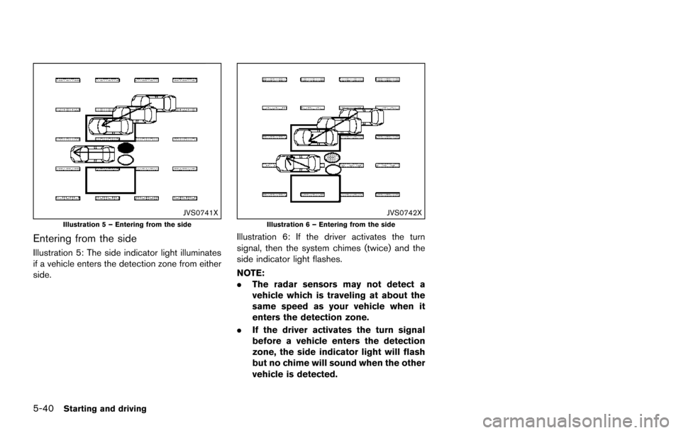 NISSAN ARMADA 2017 2.G Owners Manual 5-40Starting and driving
JVS0741XIllustration 5 – Entering from the side
Entering from the side
Illustration 5: The side indicator light illuminates
if a vehicle enters the detection zone from eithe NISSAN ARMADA 2017 2.G Owners Manual 5-40Starting and driving
JVS0741XIllustration 5 – Entering from the side
Entering from the side
Illustration 5: The side indicator light illuminates
if a vehicle enters the detection zone from eithe