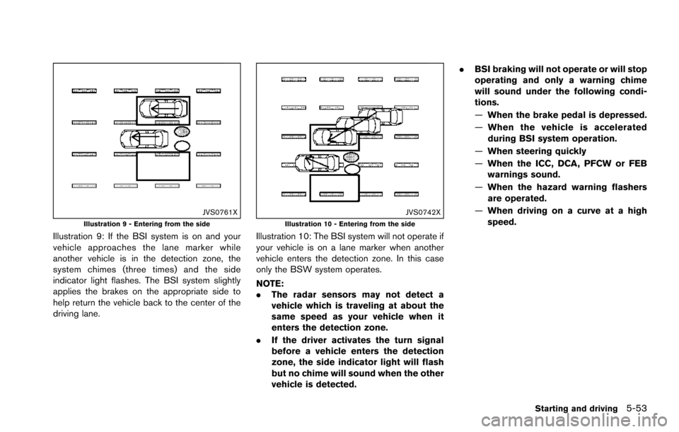 NISSAN ARMADA 2017 2.G Owners Manual JVS0761XIllustration 9 - Entering from the side
Illustration 9: If the BSI system is on and your
vehicle approaches the lane marker while
another vehicle is in the detection zone, the
system chimes (t