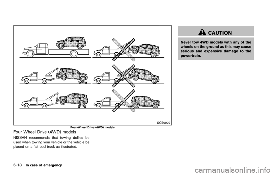 NISSAN ARMADA 2017 2.G Owners Manual 6-18In case of emergency
SCE0907Four-Wheel Drive (4WD) models
Four-Wheel Drive (4WD) models
NISSAN recommends that towing dollies be
used when towing your vehicle or the vehicle be
placed on a flat be NISSAN ARMADA 2017 2.G Owners Manual 6-18In case of emergency
SCE0907Four-Wheel Drive (4WD) models
Four-Wheel Drive (4WD) models
NISSAN recommends that towing dollies be
used when towing your vehicle or the vehicle be
placed on a flat be