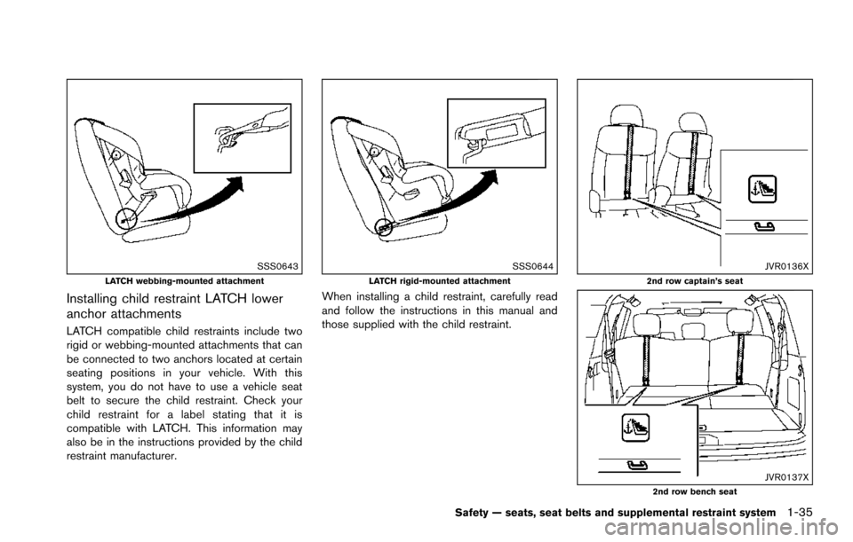 NISSAN ARMADA 2017 2.G Workshop Manual SSS0643LATCH webbing-mounted attachment
Installing child restraint LATCH lower
anchor attachments
LATCH compatible child restraints include two
rigid or webbing-mounted attachments that can
be connect NISSAN ARMADA 2017 2.G Workshop Manual SSS0643LATCH webbing-mounted attachment
Installing child restraint LATCH lower
anchor attachments
LATCH compatible child restraints include two
rigid or webbing-mounted attachments that can
be connect