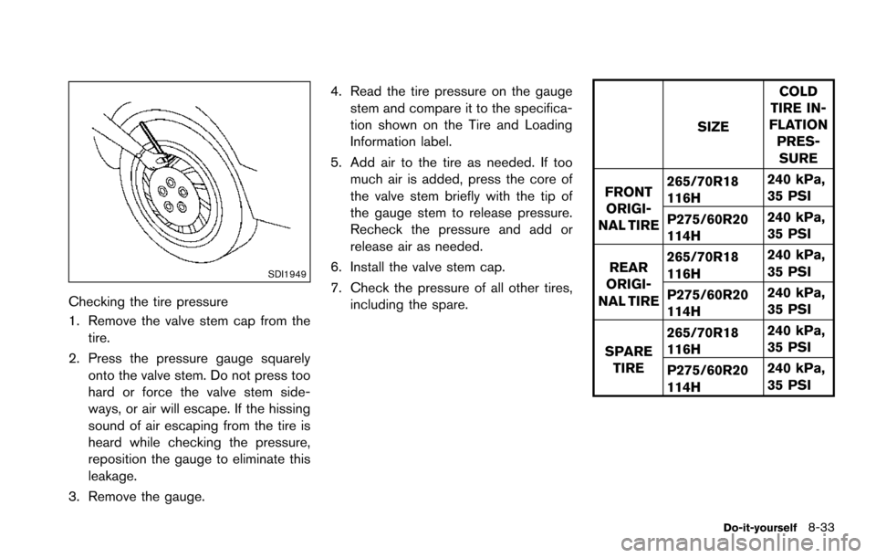 NISSAN ARMADA 2017 2.G Owners Manual SDI1949
Checking the tire pressure
1. Remove the valve stem cap from thetire.
2. Press the pressure gauge squarely onto the valve stem. Do not press too
hard or force the valve stem side-
ways, or air