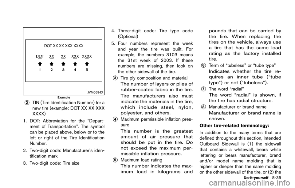 NISSAN ARMADA 2017 2.G Owners Manual JVM0694XExample
*2TIN (Tire Identification Number) for a
new tire (example: DOT XX XX XXX
XXXX)
1. DOT: Abbreviation for the “Depart-ment of Transportation”. The symbol
can be placed above, below NISSAN ARMADA 2017 2.G Owners Manual JVM0694XExample
*2TIN (Tire Identification Number) for a
new tire (example: DOT XX XX XXX
XXXX)
1. DOT: Abbreviation for the “Depart-ment of Transportation”. The symbol
can be placed above, below