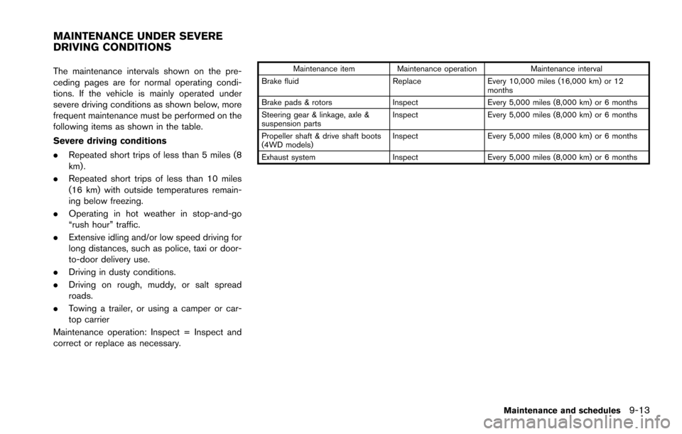 NISSAN ARMADA 2017 2.G Owners Manual The maintenance intervals shown on the pre-
ceding pages are for normal operating condi-
tions. If the vehicle is mainly operated under
severe driving conditions as shown below, more
frequent maintena NISSAN ARMADA 2017 2.G Owners Manual The maintenance intervals shown on the pre-
ceding pages are for normal operating condi-
tions. If the vehicle is mainly operated under
severe driving conditions as shown below, more
frequent maintena