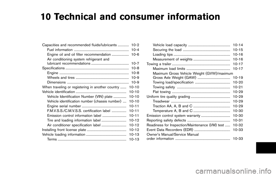 NISSAN ARMADA 2017 2.G Owners Manual 10 Technical and consumer information
Capacities and recommended fluids/lubricants ............. 10-2Fuel information ................................................................ 10-4
Engine oil a NISSAN ARMADA 2017 2.G Owners Manual 10 Technical and consumer information
Capacities and recommended fluids/lubricants ............. 10-2Fuel information ................................................................ 10-4
Engine oil a