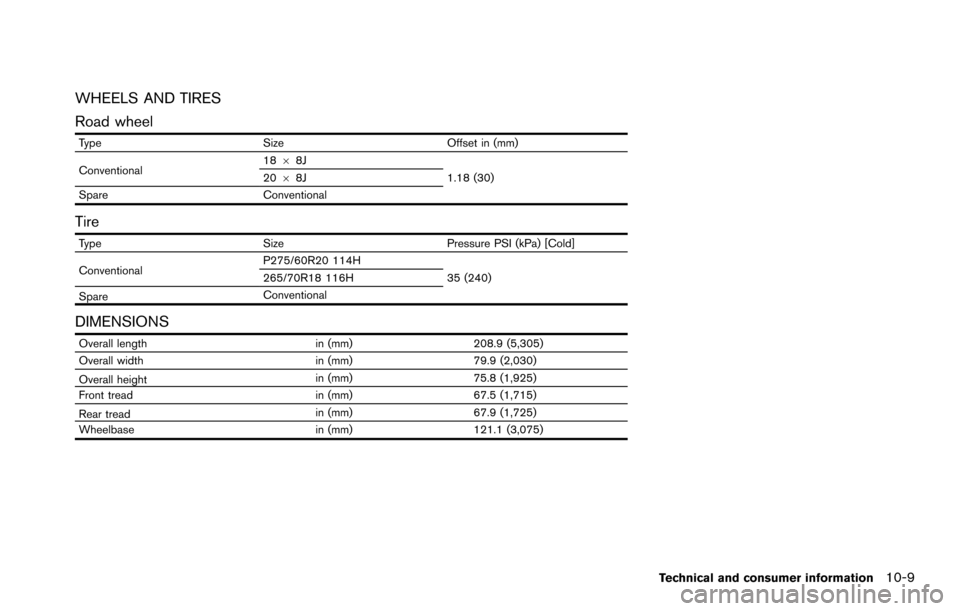 NISSAN ARMADA 2017 2.G Owners Manual WHEELS AND TIRES
Road wheel
TypeSizeOffset in (mm)
Conventional 18
68J
1.18 (30)
20 68J
Spare Conventional
Tire
TypeSizePressure PSI (kPa) [Cold]
Conventional P275/60R20 114H
35 (240)
265/70R18 116H
S