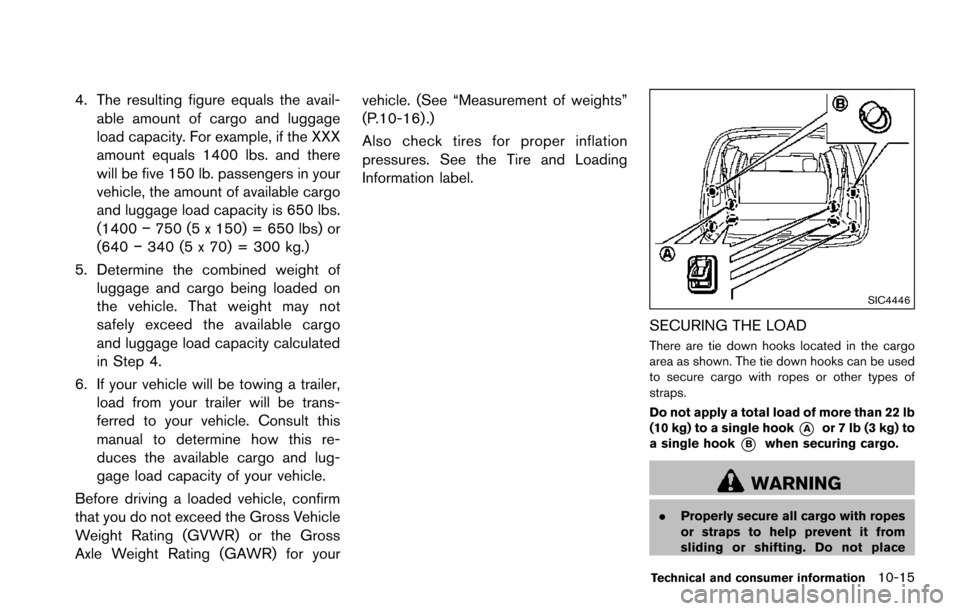 NISSAN ARMADA 2017 2.G Owners Manual 4. The resulting figure equals the avail-able amount of cargo and luggage
load capacity. For example, if the XXX
amount equals 1400 lbs. and there
will be five 150 lb. passengers in your
vehicle, the NISSAN ARMADA 2017 2.G Owners Manual 4. The resulting figure equals the avail-able amount of cargo and luggage
load capacity. For example, if the XXX
amount equals 1400 lbs. and there
will be five 150 lb. passengers in your
vehicle, the
