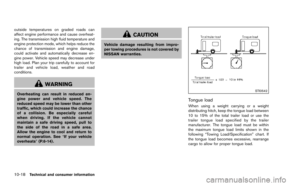 NISSAN ARMADA 2017 2.G Owners Manual 10-18Technical and consumer information
outside temperatures on graded roads can
affect engine performance and cause overheat-
ing. The transmission high fluid temperature and
engine protection mode, NISSAN ARMADA 2017 2.G Owners Manual 10-18Technical and consumer information
outside temperatures on graded roads can
affect engine performance and cause overheat-
ing. The transmission high fluid temperature and
engine protection mode,