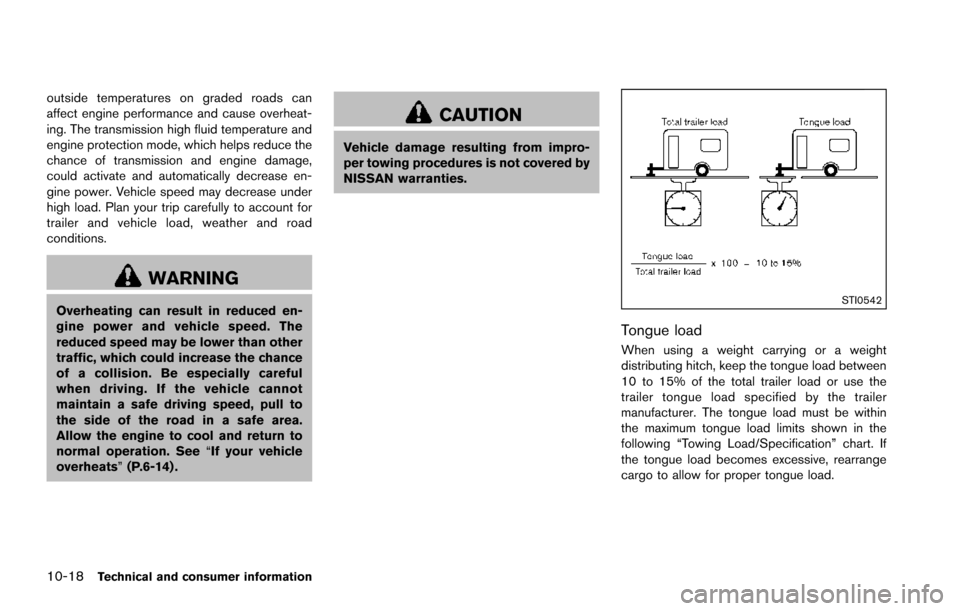NISSAN ARMADA 2017 2.G Owners Manual 10-18Technical and consumer information
outside temperatures on graded roads can
affect engine performance and cause overheat-
ing. The transmission high fluid temperature and
engine protection mode, 