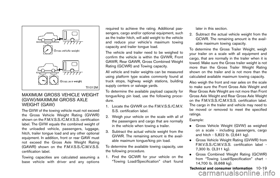 NISSAN ARMADA 2017 2.G Owners Manual TI1012M
MAXIMUM GROSS VEHICLE WEIGHT
(GVW)/MAXIMUM GROSS AXLE
WEIGHT (GAW)
The GVW of the towing vehicle must not exceed
the Gross Vehicle Weight Rating (GVWR)
shown on the F.M.V.S.S./C.M.V.S.S. certi