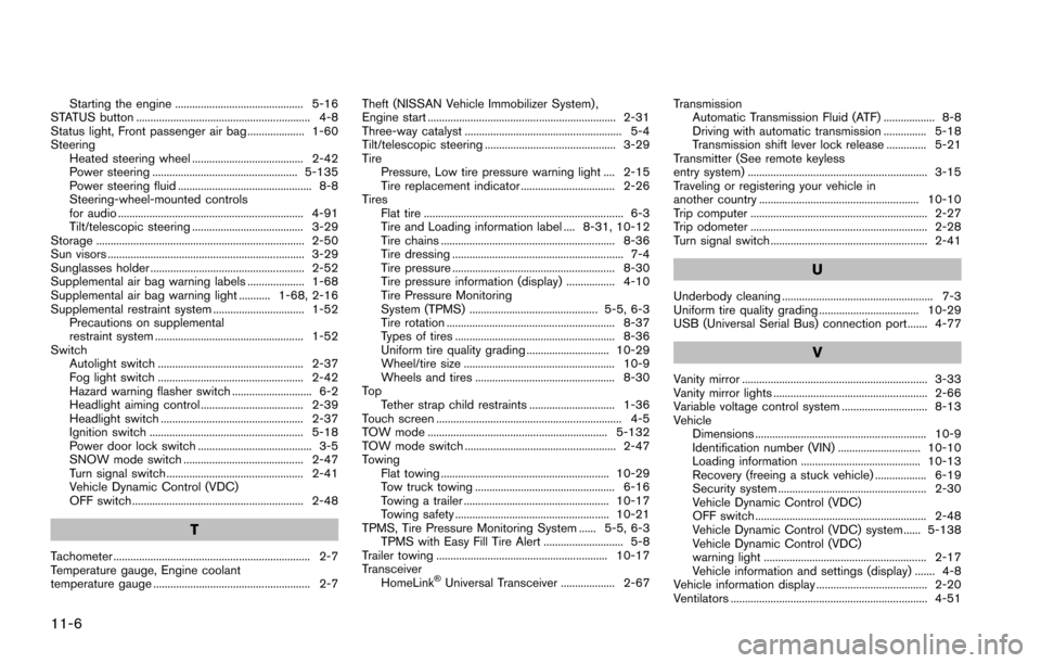 NISSAN ARMADA 2017 2.G Owners Manual 11-6
Starting the engine ............................................. 5-16
STATUS button ............................................................. 4-8
Status light, Front passenger air bag ......