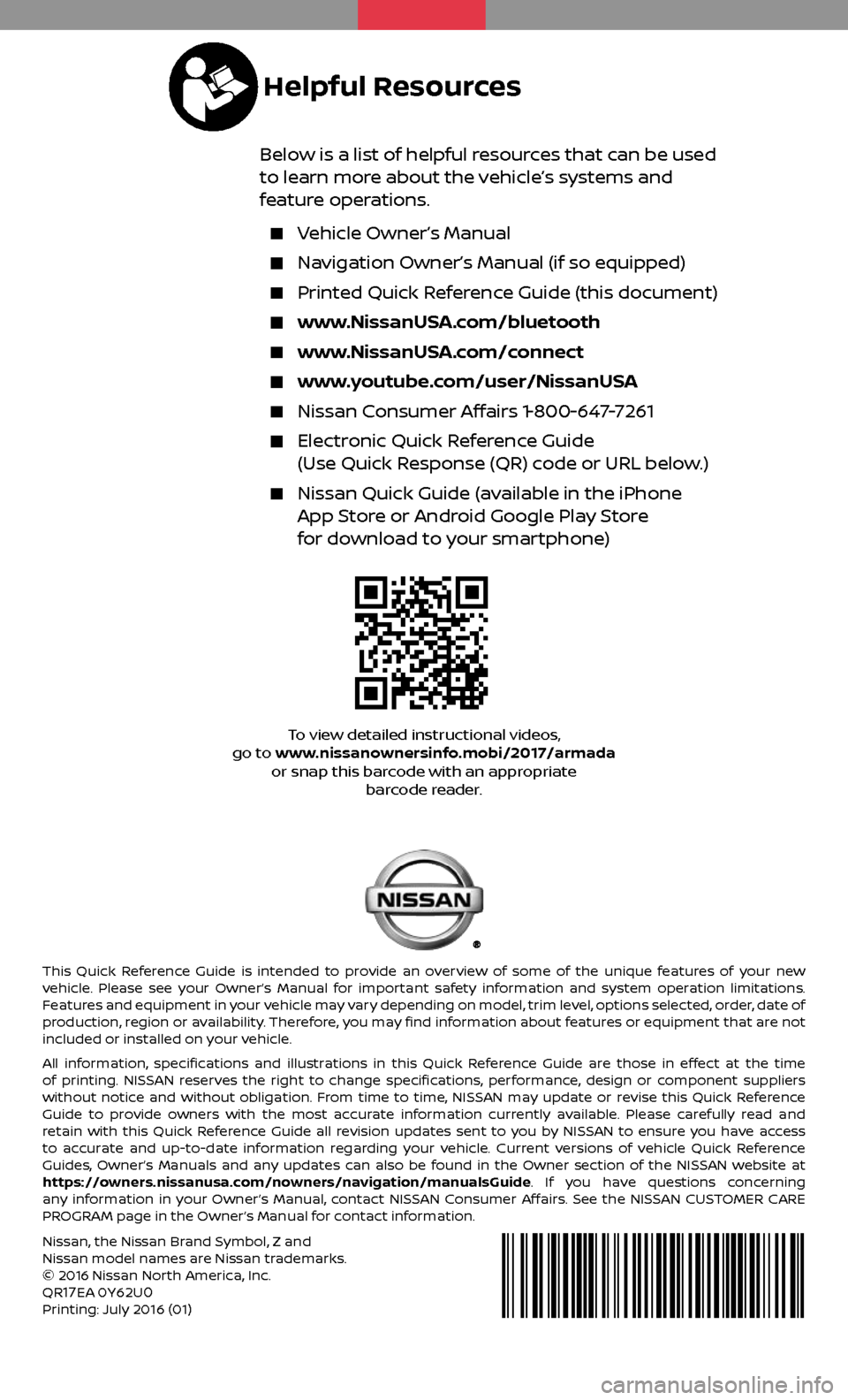 NISSAN ARMADA 2017 2.G Quick Reference Guide This Quick Reference Guide is intended to provide an overview of some of the unique features of your new
vehicle. Please see your Owner’s Manual for important safety information and system operatio NISSAN ARMADA 2017 2.G Quick Reference Guide This Quick Reference Guide is intended to provide an overview of some of the unique features of your new
vehicle. Please see your Owner’s Manual for important safety information and system operatio