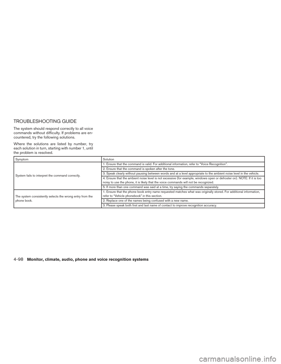 NISSAN FRONTIER 2017 D23 / 3.G Owners Manual TROUBLESHOOTING GUIDE
The system should respond correctly to all voice
commands without difficulty. If problems are en-
countered, try the following solutions.
Where the solutions are listed by number NISSAN FRONTIER 2017 D23 / 3.G Owners Manual TROUBLESHOOTING GUIDE
The system should respond correctly to all voice
commands without difficulty. If problems are en-
countered, try the following solutions.
Where the solutions are listed by number