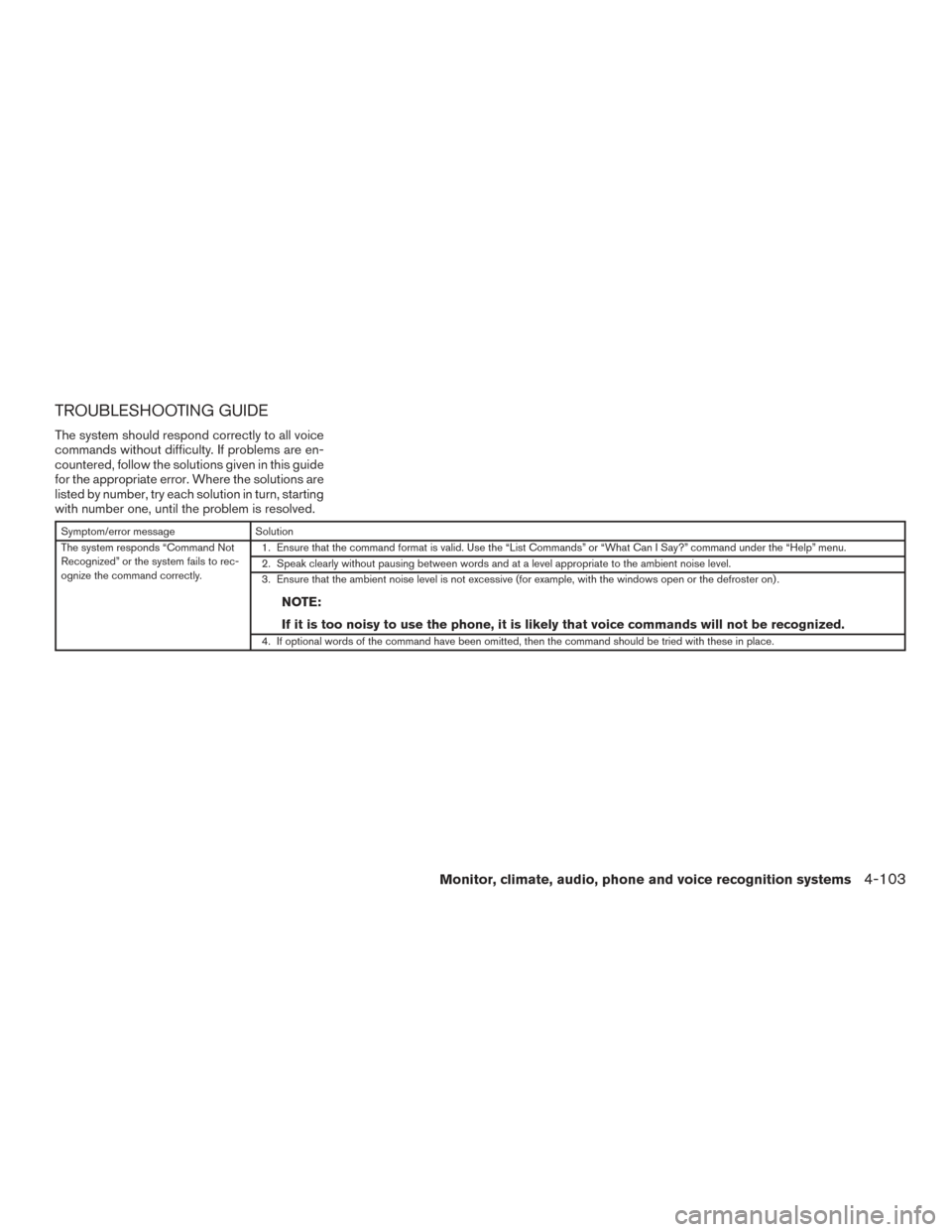 NISSAN FRONTIER 2017 D23 / 3.G Owners Manual TROUBLESHOOTING GUIDE
The system should respond correctly to all voice
commands without difficulty. If problems are en-
countered, follow the solutions given in this guide
for the appropriate error. W NISSAN FRONTIER 2017 D23 / 3.G Owners Manual TROUBLESHOOTING GUIDE
The system should respond correctly to all voice
commands without difficulty. If problems are en-
countered, follow the solutions given in this guide
for the appropriate error. W