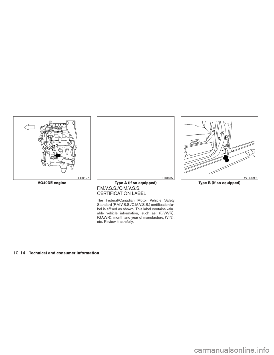 NISSAN FRONTIER 2017 D23 / 3.G Owners Manual F.M.V.S.S./C.M.V.S.S.
CERTIFICATION LABEL
The Federal/Canadian Motor Vehicle Safety
Standard (F.M.V.S.S./C.M.V.S.S.) certification la-
bel is affixed as shown. This label contains valu-
able vehicle i