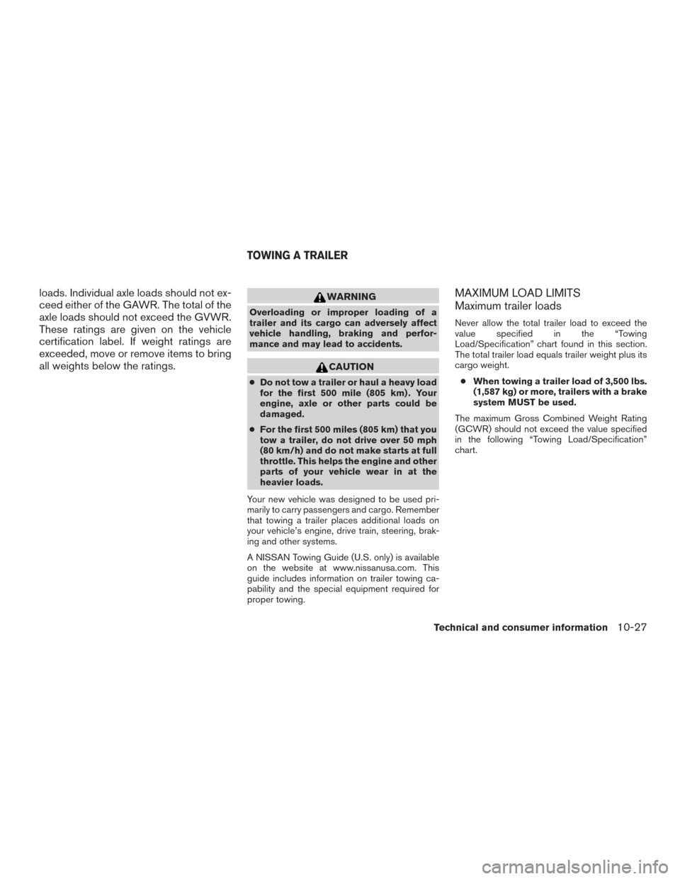 NISSAN FRONTIER 2017 D23 / 3.G Owners Manual loads. Individual axle loads should not ex-
ceed either of the GAWR. The total of the
axle loads should not exceed the GVWR.
These ratings are given on the vehicle
certification label. If weight ratin NISSAN FRONTIER 2017 D23 / 3.G Owners Manual loads. Individual axle loads should not ex-
ceed either of the GAWR. The total of the
axle loads should not exceed the GVWR.
These ratings are given on the vehicle
certification label. If weight ratin