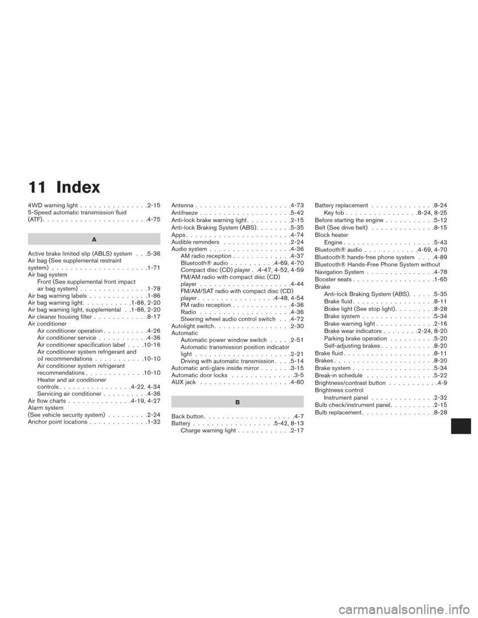 NISSAN FRONTIER 2017 D23 / 3.G Owners Manual 11 Index
4WDwarninglight...............2-15
5-Speed automatic transmission fluid
(ATF).......................4-75A
Active brake limited slip (ABLS) system . . .5-36
Air bag (See supplemental restraint