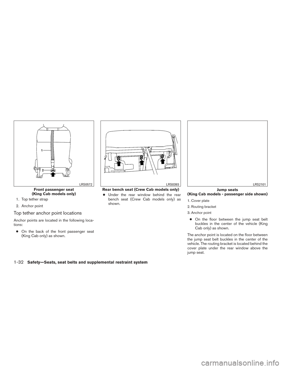 NISSAN FRONTIER 2017 D23 / 3.G Workshop Manual 1. Top tether strap
2. Anchor point
Top tether anchor point locations
Anchor points are located in the following loca-
tions:● On the back of the front passenger seat
(King Cab only) as shown. ●
U NISSAN FRONTIER 2017 D23 / 3.G Workshop Manual 1. Top tether strap
2. Anchor point
Top tether anchor point locations
Anchor points are located in the following loca-
tions:● On the back of the front passenger seat
(King Cab only) as shown. ●
U