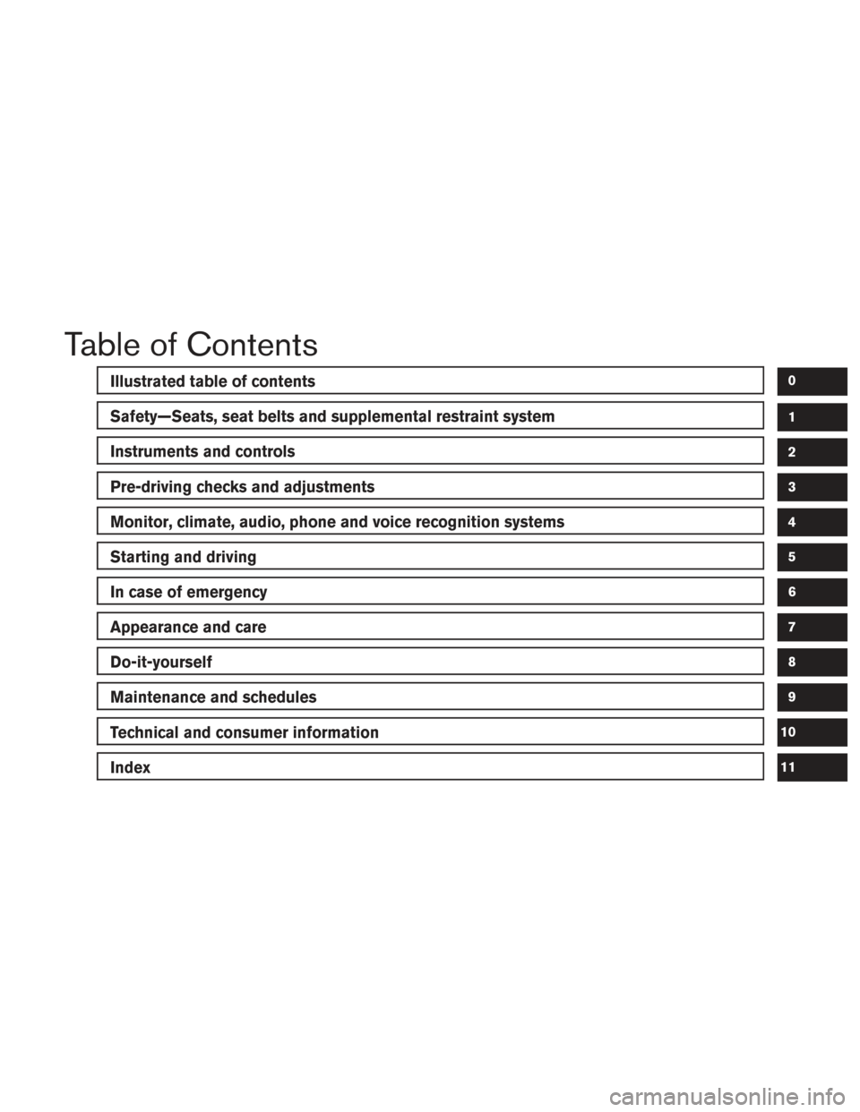 NISSAN FRONTIER 2017 D23 / 3.G Owners Manual Table of Contents
Illustrated table of contents
Safety—Seats, seat belts and supplemental restraint system
Instruments and controls
Pre-driving checks and adjustments
Monitor, climate, audio, phone 