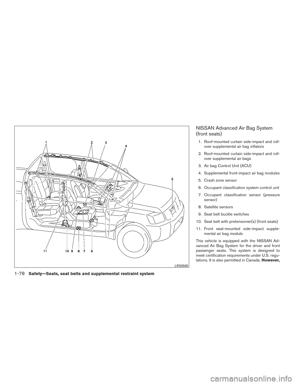 NISSAN FRONTIER 2017 D23 / 3.G Owners Manual NISSAN Advanced Air Bag System
(front seats)
1. Roof-mounted curtain side-impact and roll-over supplemental air bag inflators
2. Roof-mounted curtain side-impact and roll- over supplemental air bags
3