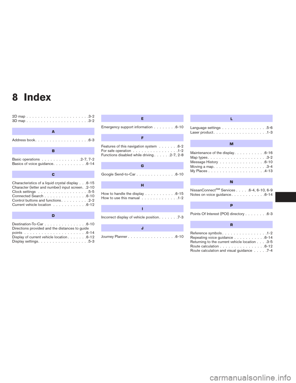 NISSAN FRONTIER 2017 D23 / 3.G LC2 Kai Navigation Manual 8 Index
2Dmap......................3-2
3Dmap......................3-2
A
Address book...................6-3
B
Basic operations ..............2-7,7-2
Basics of voice guidance ............6-14
C
Characte
