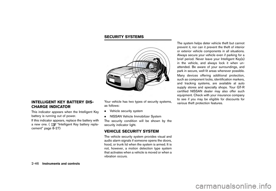 NISSAN GT-R 2017 R35 Owners Manual �������
�> �(�G�L�W� ����� �� �� �0�R�G�H�O� �����0�< �1�,�6�6�$�1 �*�7��5��5��� �2�0���(���5���8� �@
2-46Instruments and controls
JVI0079X
INTELLIGENT KEY BATTERY DI