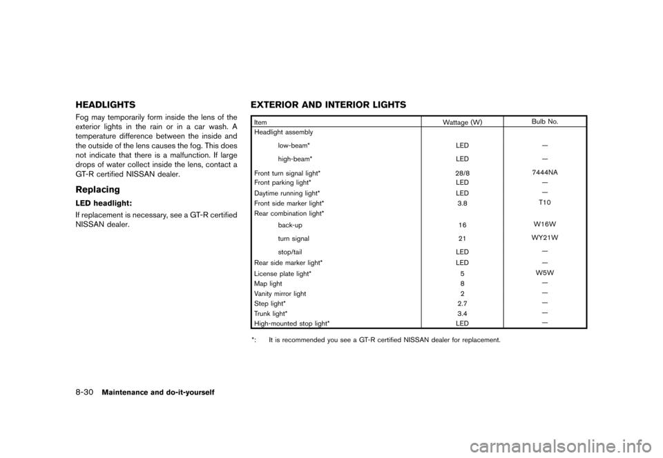 NISSAN GT-R 2017 R35 Owners Manual �������
�> �(�G�L�W� ����� �� �� �0�R�G�H�O� �����0�< �1�,�6�6�$�1 �*�7��5��5��� �2�0���(���5���8� �@
8-30Maintenance and do-it-yourself
HEADLIGHTSGUID-02DF20E9-197E-