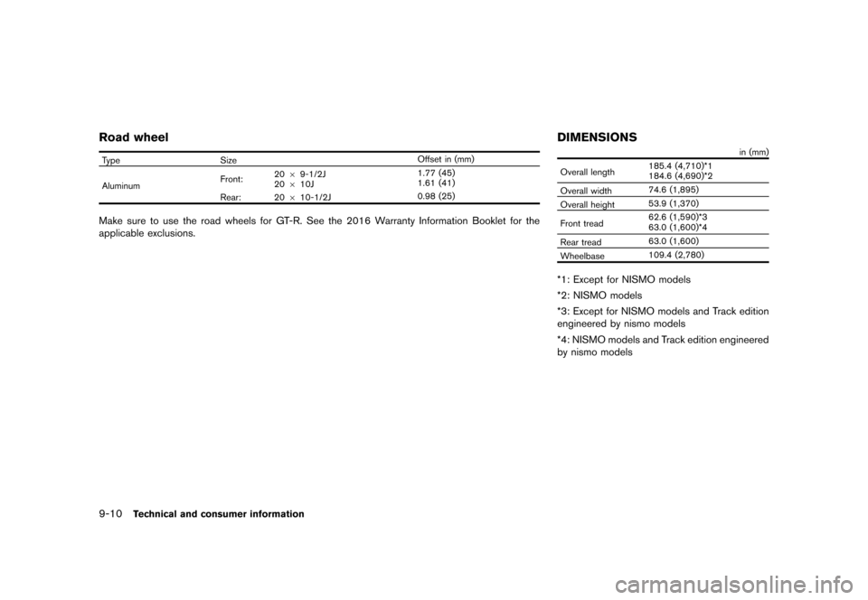 NISSAN GT-R 2017 R35 Owners Manual �������
�> �(�G�L�W� ����� �� �� �0�R�G�H�O� �����0�< �1�,�6�6�$�1 �*�7��5��5��� �2�0���(���5���8� �@
9-10Technical and consumer information
Road wheelGUID-65DD8E2C-F