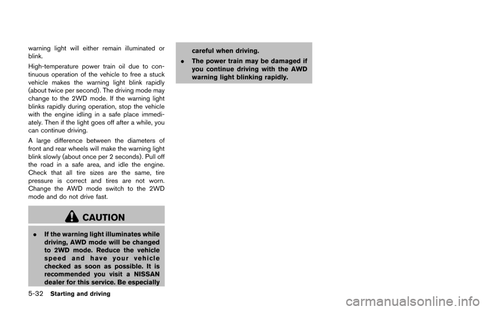 NISSAN JUKE 2017 F15 / 1.G Owners Manual 5-32Starting and driving
warning light will either remain illuminated or
blink.
High-temperature power train oil due to con-
tinuous operation of the vehicle to free a stuck
vehicle makes the warning 
