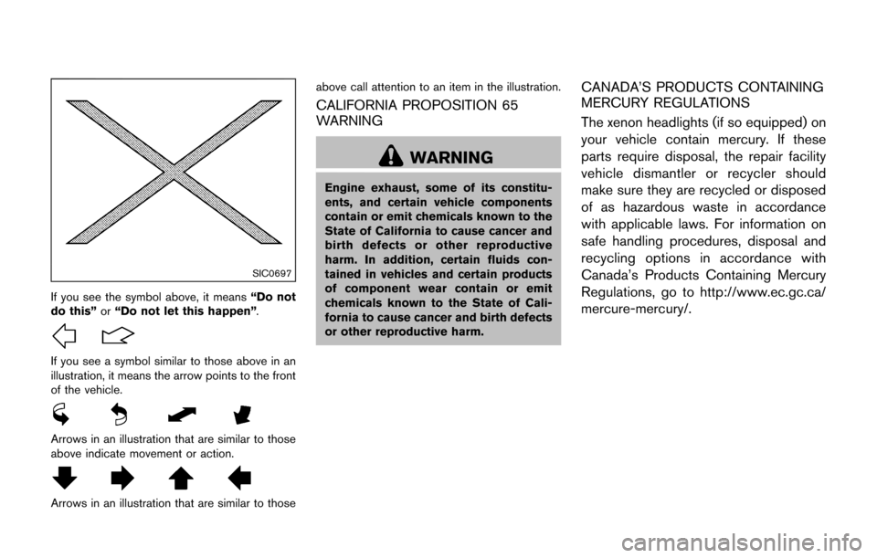 NISSAN JUKE 2017 F15 / 1.G Owners Manual SIC0697
If you see the symbol above, it means“Do not
do this” or“Do not let this happen” .
If you see a symbol similar to those above in an
illustration, it means the arrow points to the front NISSAN JUKE 2017 F15 / 1.G Owners Manual SIC0697
If you see the symbol above, it means“Do not
do this” or“Do not let this happen” .
If you see a symbol similar to those above in an
illustration, it means the arrow points to the front