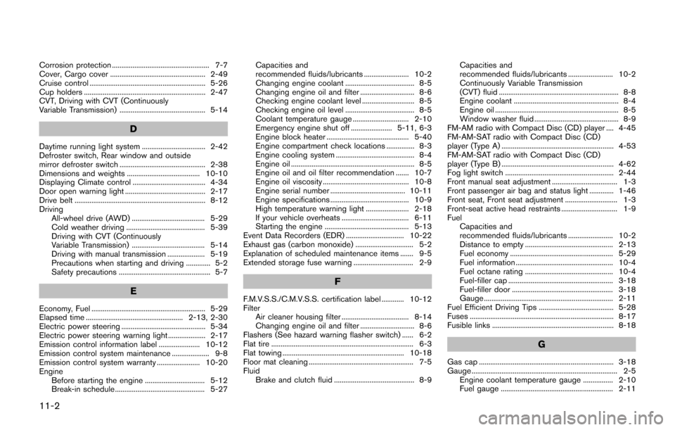 NISSAN JUKE 2017 F15 / 1.G Owners Manual 11-2
Corrosion protection .................................................... 7-7
Cover, Cargo cover ................................................... 2-49
Cruise control ..........................