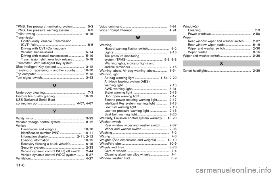 NISSAN JUKE 2017 F15 / 1.G Owners Manual 11-6
TPMS, Tire pressure monitoring system ................ 5-3
TPMS, Tire pressure warning system ..................... 6-3
Trailer towing ............................................................