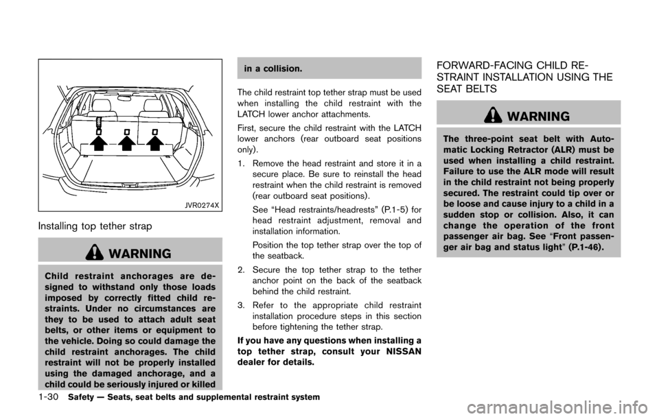 NISSAN JUKE 2017 F15 / 1.G Owners Manual 1-30Safety — Seats, seat belts and supplemental restraint system
JVR0274X
Installing top tether strap
WARNING
Child restraint anchorages are de-
signed to withstand only those loads
imposed by corre